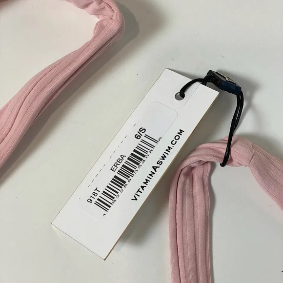 Vitamin A Lou Triangle Bikini Swim Top Size S Pink Bow Eco Ribbed Summer NWT - Picture 2 of 6